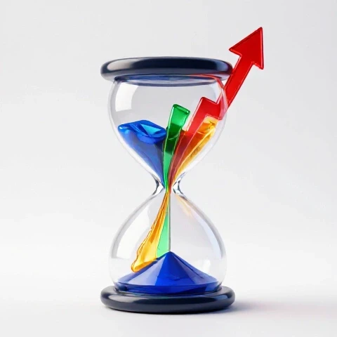 Glowing video play button hourglass streams vibrant light upward into expanding growth graph on white background.