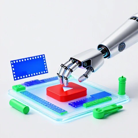 Robotic hand assembling colorful video icons on a glowing digital workspace in a bright studio setting.
