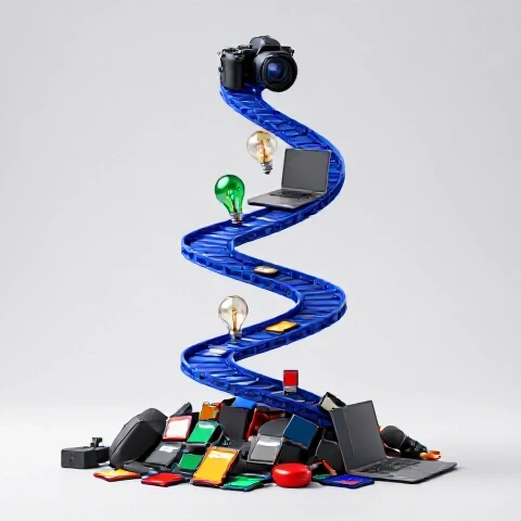 Vivid spiral assembly line of video gear and tech elements organized against a bright clean studio background.