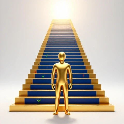 A confident golden figure stands at the base of a towering golden staircase with upward arrows and sprouting plants, leading toward a bright light, symbolizing rapid YouTube creator growth.